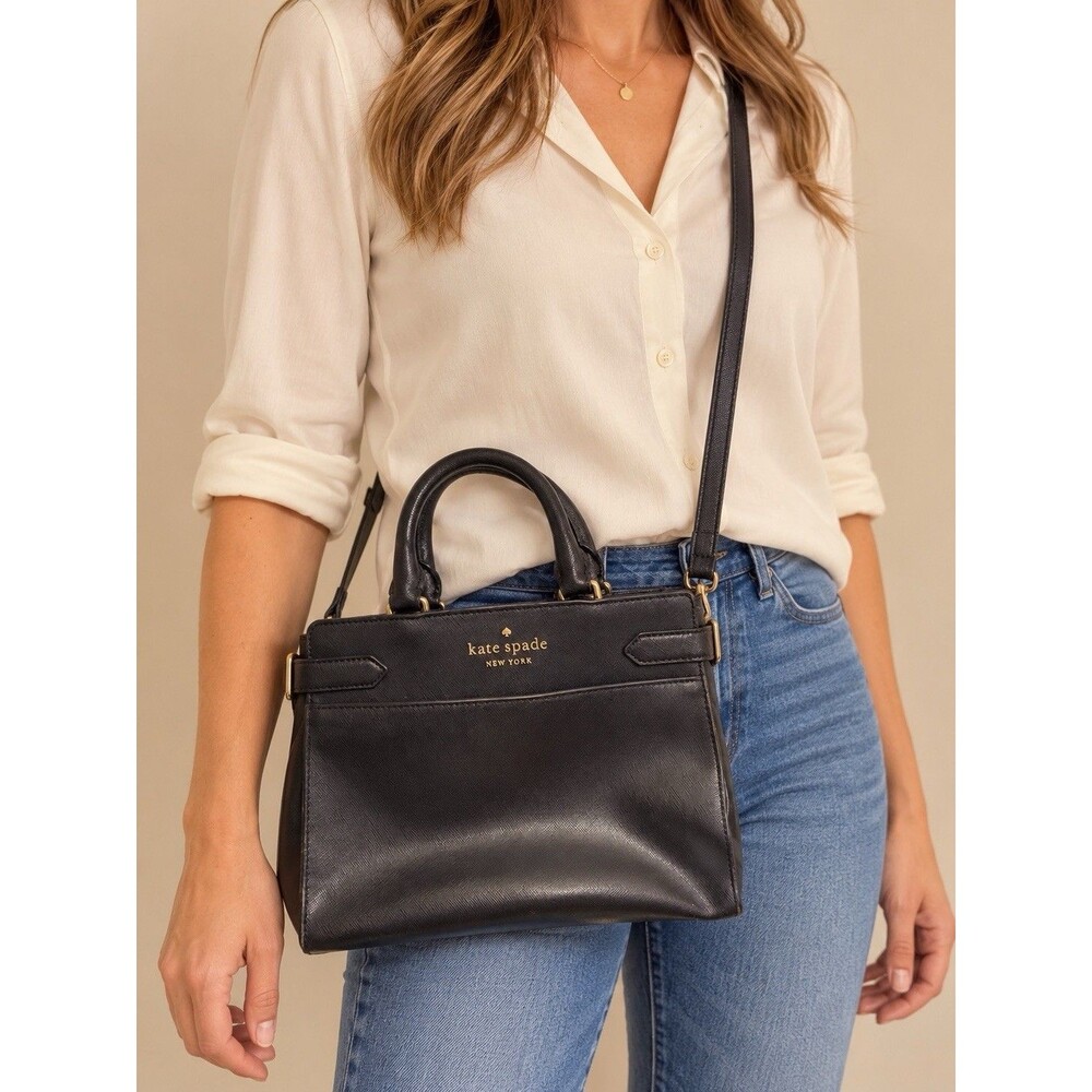 Kate Spade New York Black Textured Satchel Handbag With Crossbody Strap E
